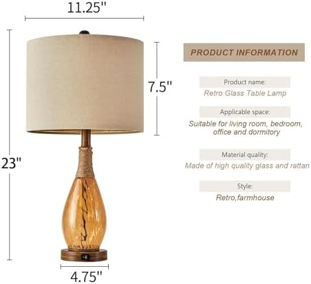 OYEARS 23" USB A+C Table Lamp for Bedroom Living Room Modern Bedside Lamps Retro Farmhouse Rattan Glass Nightstand Nightlight Lamps (Amber),Two Light Points - Image 7
