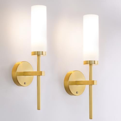 Shenmoyl Battery Operated Wall Sconces Set of 2, Gold Rechargeable Wall Lighting Fixtures, Dimmable Wall Lights with Remote & Opal Glass Shade for Living Room, Bathroom,Bedroom by Shenmoyl