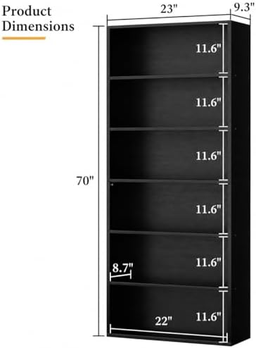 6-Tier Bookshelf, Modern Open Bookcase,6 Shelf Display Storage Shelves Floor Standing, 71 inches Tall Shelves for Home Office, Black - Image 2