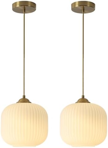 KCO Lighting 2 Pack Brushed Brass 7.9” White Ribbed Glass Pendant Lights by KCOLighting
