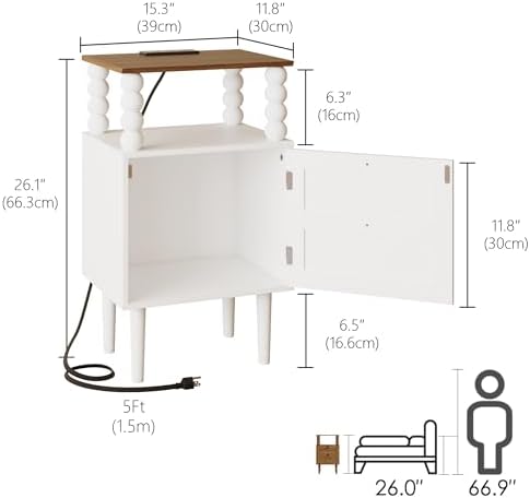 Veegle White Nightstand with Charge Station,Modern Bedside Table with Storage Drawer and Open Wood Shelf, for Bedroom and Small Spaces,Night Stand with Solid Wood Legs (White) - Image 2