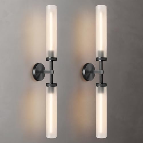 2Pc 30" Knurled Black 2 Light Wall Sconces, Long Modern Hardwired Bathroom Vanity Light, Frosted Glass Tube Linear Modern Wall Light Fixtures, for Mirror, Bedroom, Living Room, Hallway by ZHFLT