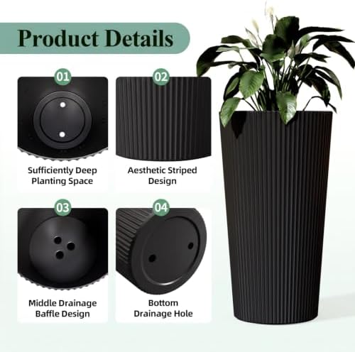 24" Tall Planters for Outdoor Plants with Insert, Set of 2 Black - Image 4