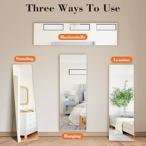 DUMOS Full Length Mirror 19"x 58" for Bedroom, Full Body Mirror with Stand, Hanging or Leaning for Wall, Aluminum Alloy Thin Frame Floor Standing for Living Room, Long, Gold - Image 6