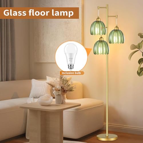 QIYIZM Gold Floor Lamp for Living Room,Bedroom,Mid Century Modern Standing Lamp Brass Tree 3 Light Tall Floor Lamps Vintage Retro Floor Lights Glass Green Flower Lamp Shade Farmhouse Boho Bohemian - Image 4