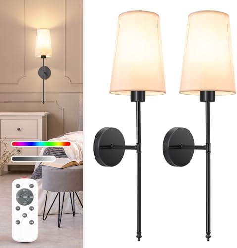 NIORSUN Black Battery Operated Wall Sconce Set of 2,Rechargeable Wall Lights with 10400mAh Dimmable Detachable Bulbs and Remote,9 Colors Wireless Sconces for Bedroom Living Room Hallway by NIORSUN