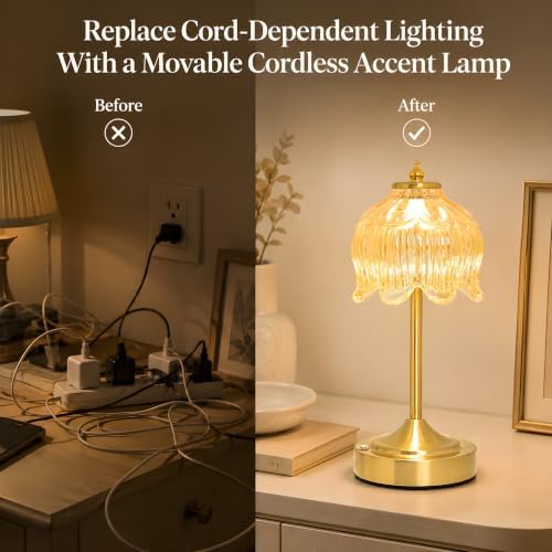 Lotus Flower Table Lamp, Cordless Rechargeable Amber Glass Bedside Lamp | 3600mAh Battery, Touch Control, 3 Color Modes & Stepless Dimming for Bedroom, Nightstand Golden 1PC - Image 6