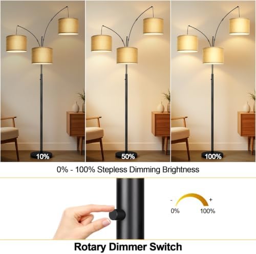 Nintiue Dimmable Floor Lamp - 3 Lights Gold Arc Floor Lamps for Living Room, 1000LM Modern Tall Standing Lamp with Black Shades&Heavy Base,3 LED Bulbs Included-Champagne - Image 3