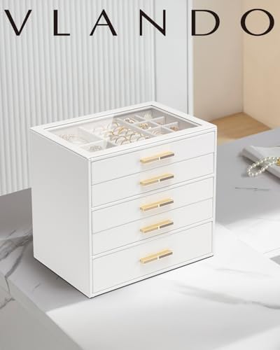 VLANDO 5 Layer Jewelry Box for Women, Glass Lid Jewelry Organizer with 5 Drawers for Necklaces Rings Earrings Bracelets - White - Image 2