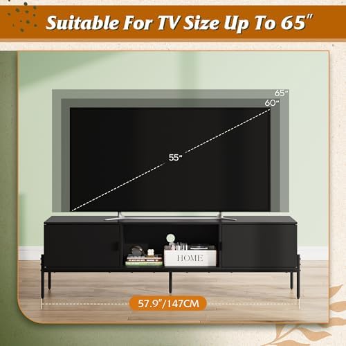WLIVE 58" TV Stand for 65 Inch TVs, Mid Century Modern Entertainment Center with 2 Storage Cabinets & Open Shelf, Media Console Table with Metal Legs for Living Room, Bedroom, Black - Image 6