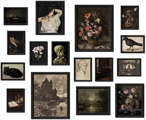 ANERZA 16 PCS Framed Dark Academia Room Decor, Gothic Home Decor, Moody Wall Art Prints for Bedroom, Gallery Wall Frame Set, Witchy Posters for Living Room Aesthetic, Halloween Dorm Collage Kit by ANERZA