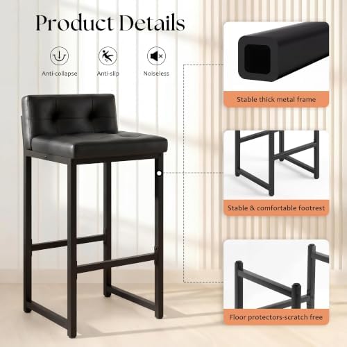 Bar Stools Set of 2, Counter Height Bar Stools Sets with Back, Faux Leather Barstools with Metal Legs and Footrest, Upholstered Bar Chairs for Dining Kitchen Island, Home Counter Bar - Image 6