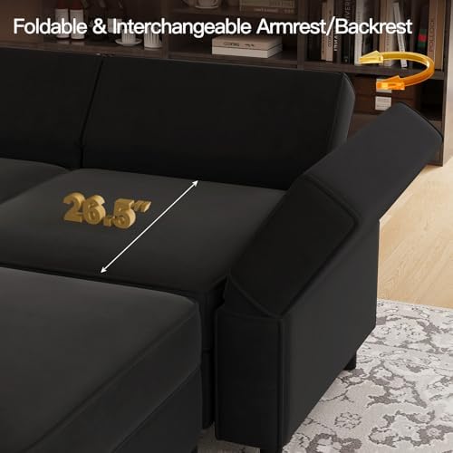 Belffin Modular Sectional Sofa with Ottomans Velvet Reversible Sleeper Chaise Bed Storage Seat Black - Image 6