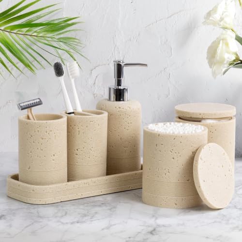 Bathroom Accessories Set, 6-Piece Bathroom Accessory Set, Toothbrush Holders Set, Soap Dispenser, Vanity Tray, Tumbler, Cotton Swab Jars, Bathroom Organizer for Modern Bathrooms,Faux Travertine - Image 2