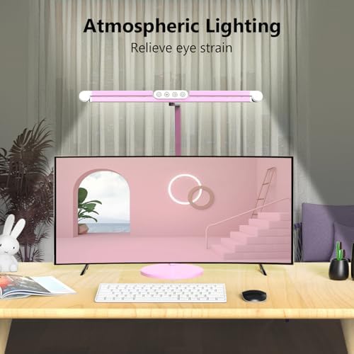 Micomlan Led Desk Lamp with Base, Adjustable Tall Architect Desk Light for Home Office with Flexible Swing Arm, 24W Pink Bright Table Lamp Auto Dimming Computer Light for Workbench - Image 3
