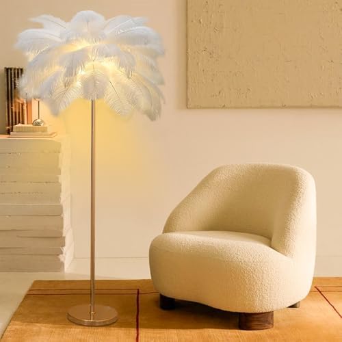 Feather Floor Lamp,Fluffy Ostrich Feather Floor Lamp for Bedroom,3 Color Temperatures Led Corner Modern Floor Lamps for Living Room Christmas Home Decor House Warming Gifts,63″ Height (White) by Unknown