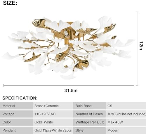 Tree Branch Chandelier Ceiling Light, Modern Gold Ceramic Ginkgo Leaf Chandeliers Brass Flush Mount Chandelier Light Fixture for Kitchen Living Room Dining Room, 31.5" Ceiling Light Fixture - Image 5