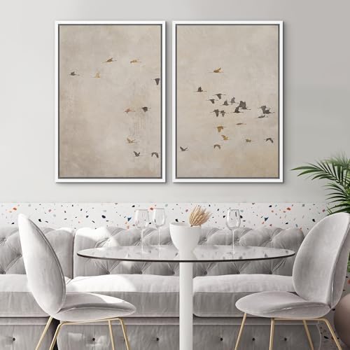 SIGNWIN Framed Canvas Print Wall Art Set Flying Birds Silhouette Minimalist Beige Illustrations Modern Minimal Decorative for Living Room, Bedroom, Office - 24"" x36 x2 White - Image 2