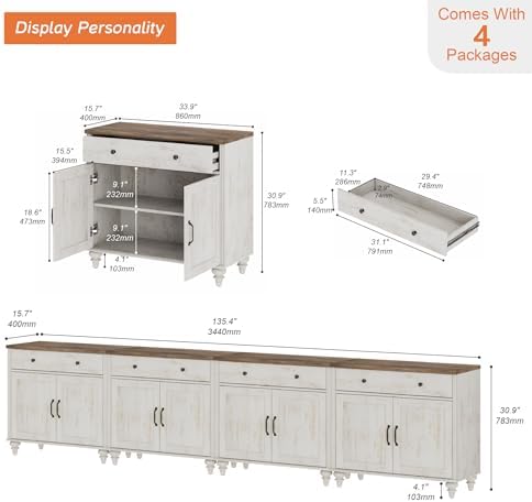 WAMPAT Buffet Cabinet with 8 Doors and 4 Drawers, Modern Coffee Bar Table Wood Kitchen Storage Cabinets, Farmhouse Sideboard Credenza for Dining Room, Rustic White, 134 inch - Image 2