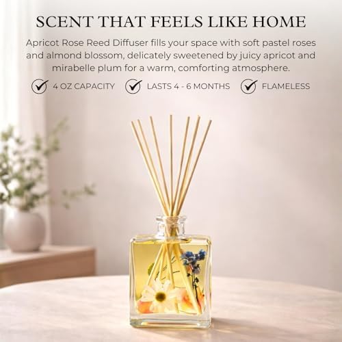 Rosy Rings Apricot Rose Botanical Diffuser, Single Piece, 4 oz Lasts 4-6 Months, Square Glass Reed Fragrance with Dried Flowers Natural Oils Decor, Bedroom Bathroom Living Space Luxury Gift - Image 3