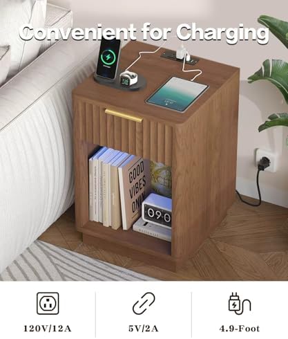 Akxomel Fluted Nightstand Bedside Table with Charging Station Walnut - Image 6