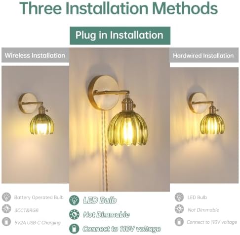 Shenmoyl Plug in Wall Sconce, Green Tulip Glass Lampshade Wall Light Plugin Corded for Bedside Bedroom Doorway - Image 2