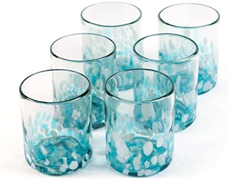 12 oz Hand Blown Mexican Drinking Glasses - Set of 6 tumblers, 11-13 fl oz each, Ocean Blue Confetti by HandmadeconAmor