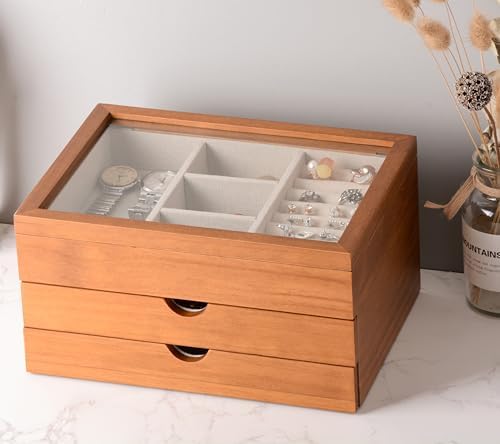 Clasin Home Jewelry Box with Glass Lid, 3 Layer Jewelry Organizer for Women, Solid Wooden Jewelry Box Display for Ring Earrings Necklace Bracelet, Pine Wood Jewelry Boxes Vintage Style for Gifts by ClasinHome