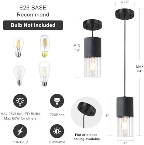 Black Pendant Light Fixtures, Adjustable Modern Pendant Lights for Kitchen Island, Industrial Clear Glass Pendant Lights for Dining Table Hallway Bedroom Living Room, 1 Pack - Image 4