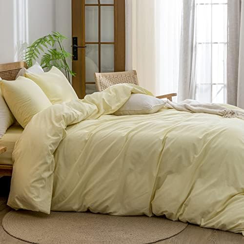 BESTOUCH Cotton Solid Duvet Cover Set Linen Feel Light Yellow King - Image 3