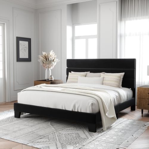 Allewie Cal King Size Platform Bed Frame with Velvet Upholstered Headboard by Allewie