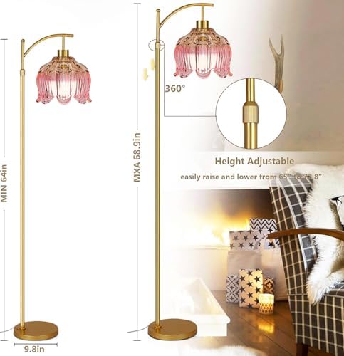 ILLMTW Pink Floor Lamp for Living Room,Bedroom,Glass Mid Century Modern Standing Lamp with Remote,Dimmable Gold Brass Tall Lamp Tulip Flower Arc Floor Light Boho Bohemian - Image 7