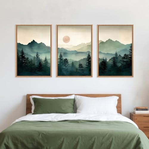 LHIUEM Large Boho Mountain Framed Wall Art Set,Green Foggy Forest Wall Painting,Abstract Nature Sunrise Artwork,Watercolor Pine Tree Wall Decor for Living Room,Bedroom,Office-24''x36''x3 - Image 5