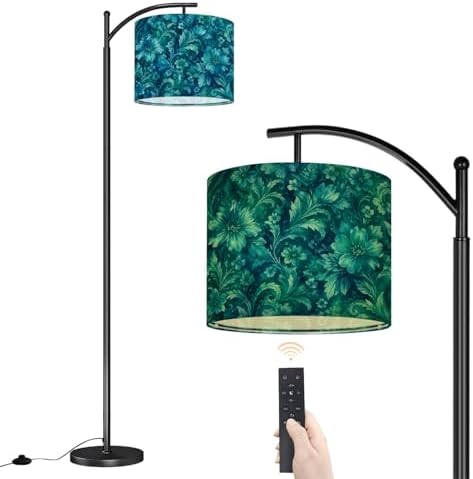 Arc Floor Lamp Teal Blue Floral Paisley Watercolor Dimmable Modern Standing Lamp with Remote Adjustable Drum Shade Footswitch Tall Pole Lamp for Living Room Bedroom by DERUINVAIO