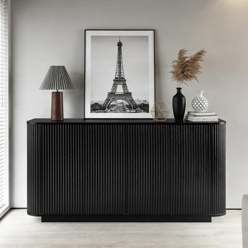 64" Fluted Buffet Cabinet with Storage, Black Sideboard Cabinet - Image 3