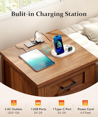 Decofy Farmhouse Nightstand with Charging Station, Walnut - Image 5