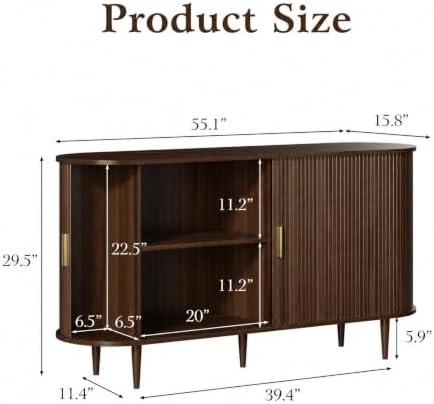 DHH Sideboard Buffet Cabinet with Storage,Mid Century Modern Fluted Accent Coffee Bar Console Table,Tambour Sliding Doors& Adjustable Shelf for Kitchen, Living Room, Entryway(Walnut,55 Inch) - Image 2