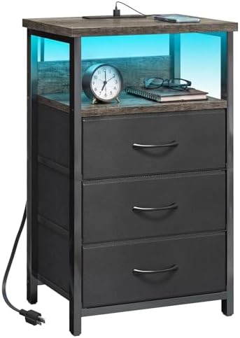 Fixwal Night Stand with 3 Fabric Drawers, Nightstand with Charging Station by Fixwal