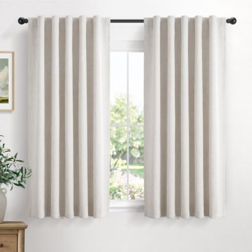 Linen Textured Total Blackout Curtains for Bedroom 63 Inches Long, Beige by 100BlackoutShield