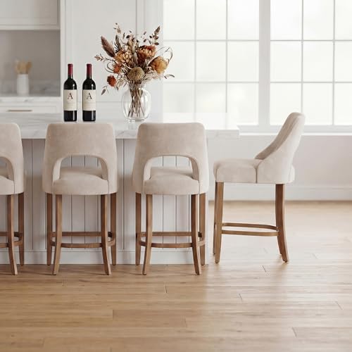 UVV Bar Stools Set of 3, Upholstered Counter Height Bar Stools, Modern Counter Stools with Wood Legs for Kitchen Island Dining Room Bar, Beige - Image 3