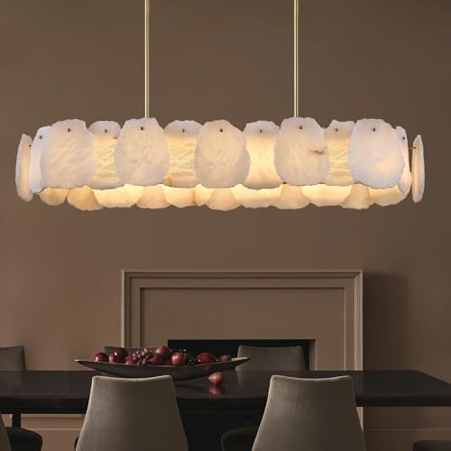 Rectangle Alabaster Chandelier, L43in Modern Spanish Marble Dining Room Chandelier Over Table, Adjustable Long Chandeliers for Living Room, Alabaster Chandeliers for Kitchen Island, Foyer, Entryway by Sucelating