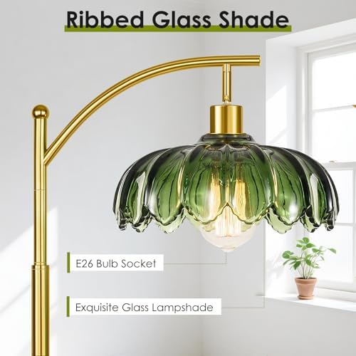 gernehop Gold Floor Lamp for Living Room,Unique Vintage Standing Tall Lamp,Mid Century Modern Floor Lamps Arc Green Glass Floor Lamps for Office Corner - Image 3