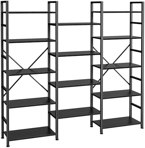 SUPERJARE Triple Bookshelf, Bookcase with 14 Open Display Shelves, Wide Book Shelf Book Case for Home & Office, 5 Tier, Black by SUPERJARE