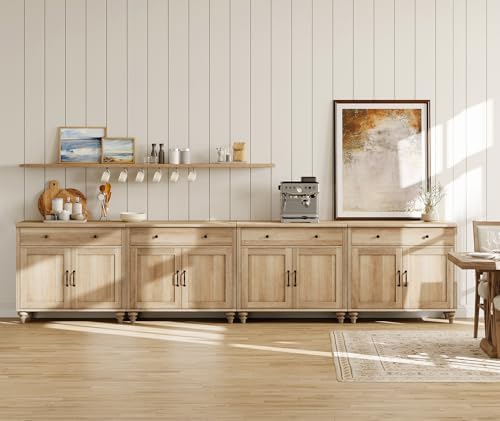 WAMPAT Large Buffet Cabinet with 8 Doors and 4 Drawers, Modern Coffee Bar Table Wood Kitchen Storage Cabinets, Farmhouse Sideboard Credenza for Dining Room, Oak, 134 inch by WAMPAT