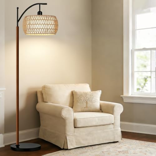 QIYIZM Rattan Floor Lamp for Living Room,Bedroom,Boho Standing Lamp with Remote Dimmable,Wood Vintage Mid Century Modern Black Tall Lamp Wicker Lamp Shade Floor Lights Bohemian Tiffany Style - Image 7