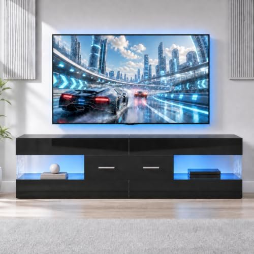 Bestier Black 60 Inch Modern TV Stand, LED Entertainment Center with Drawer - Image 6