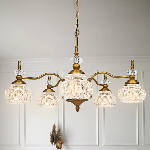 Montex Gold Brass Chandelier, 5 Light Vintage Crystal Glass Pendant Fixture by Montex
