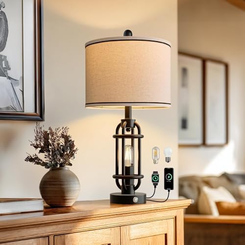 G-SAFAVA 24'' Table Lamps for Living Room Bedroom Industrial Touch Lamp with USB A+C Ports, Night Light Farmhouse Vintage Nightstand Bedside Lamps for Night Stands Metal Black, Bulbs Included by G-SAFAVA