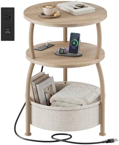 Round Side Table with Charging Station, USB Type C Port, Oak by designyourhome