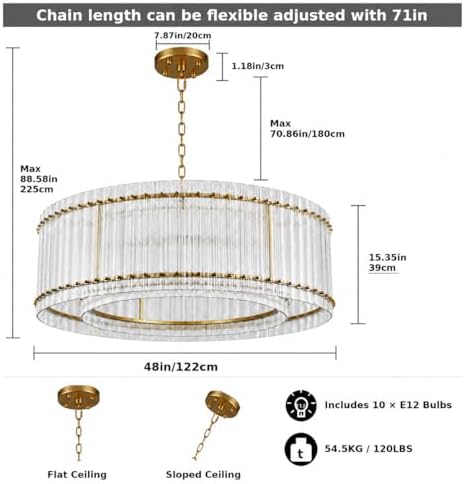48-Inch Ripple Glass Chandelier, 2-Tier 10-Light Large Brass Round Chandelier for Dining Rooms, Living Rooms, Foyers, Staircases, Open-Concept Spaces & High Ceilings - Image 2